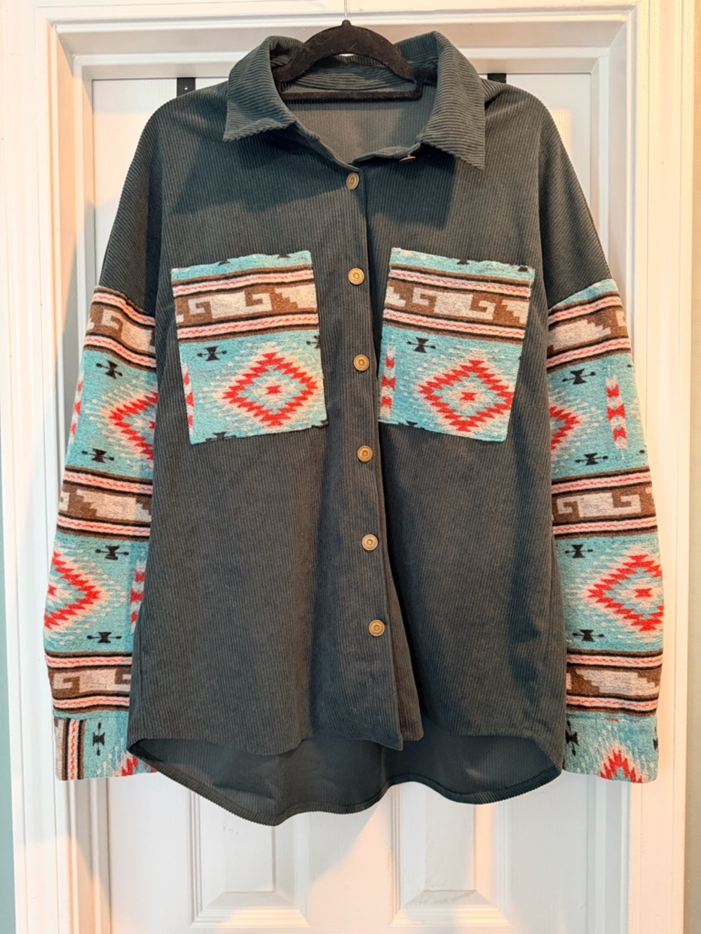 Amazon Women's Button-Down Shirt Jacket with Teal Aztec Accents